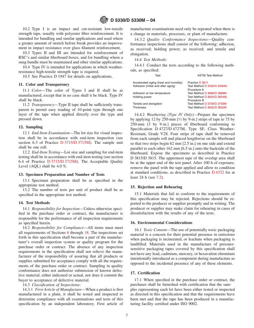 ASTM D5330/D5330M-04 - Standard Specification for Pressure-Sensitive Tape for Packaging, Filament- Reinforced