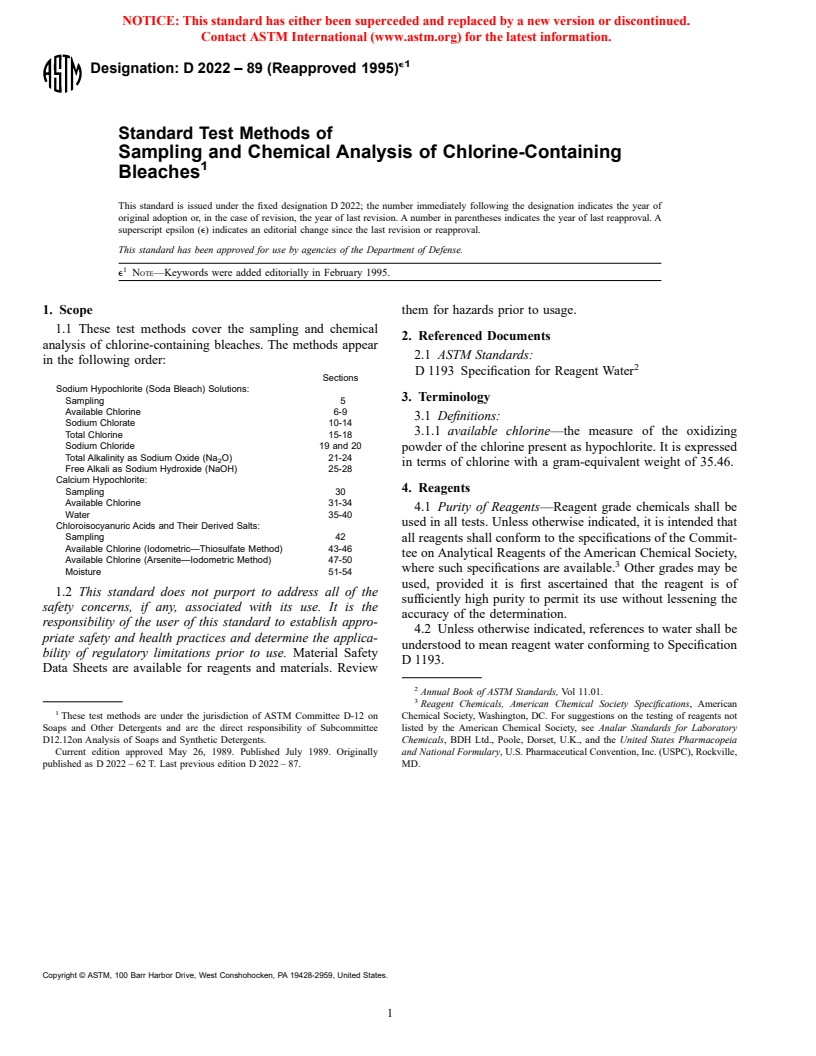 ASTM D2022-89(1995)e1 - Standard Test Methods of Sampling and Chemical Analysis of Chlorine-Containing Bleaches