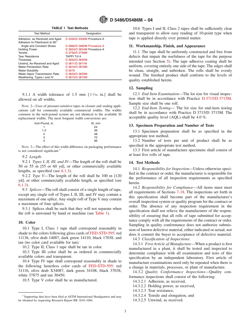 ASTM D5486/D5486M-04 - Standard Specification for Pressure-Sensitive Tape for Packaging, Box Closure, and Sealing