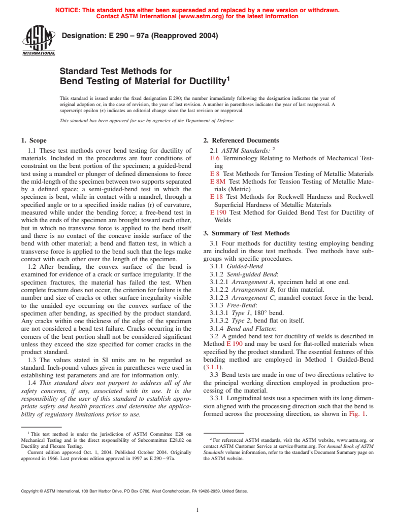 ASTM E290-97a(2004) - Standard Test Methods for Bend Testing of Material for Ductility