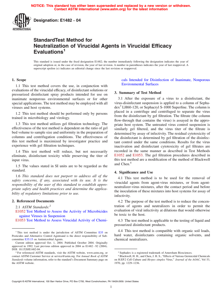 ASTM E1482-04 - Standard Test Method for Neutralization of Virucidal Agents in Virucidal Efficacy Evaluations