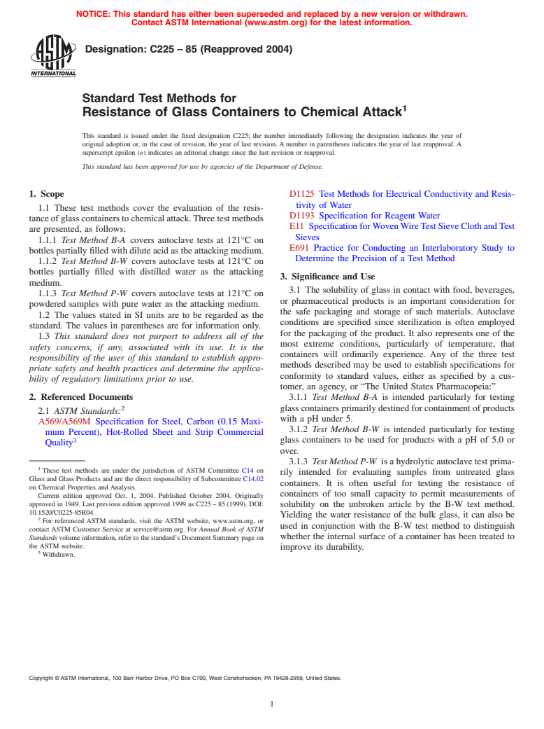 ASTM C225-85(2004) - Standard Test Methods for Resistance of Glass Containers to Chemical Attack