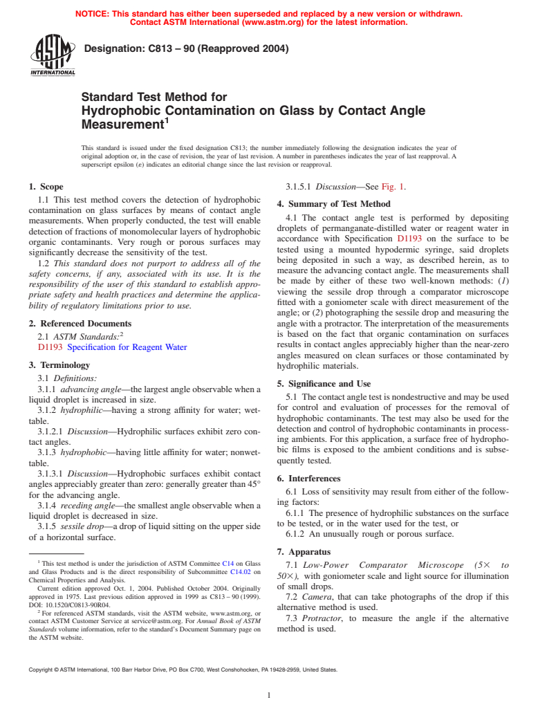 ASTM C813-90(2004) - Standard Test Method for Hydrophobic Contamination on Glass by Contact Angle Measurement