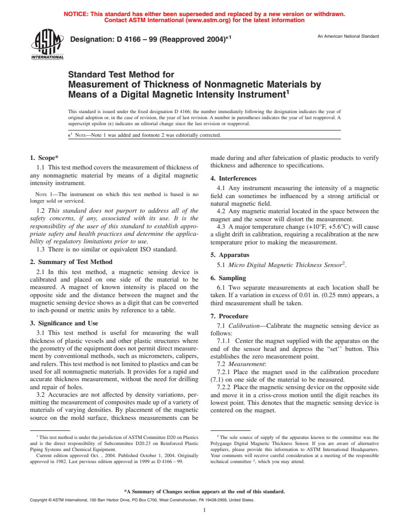 ASTM D4166-99(2004)e1 - Standard Test Method for Measurement of Thickness of Nonmagnetic Materials by Means of a Digital Magnetic Intensity Instrument (Withdrwan 2008)