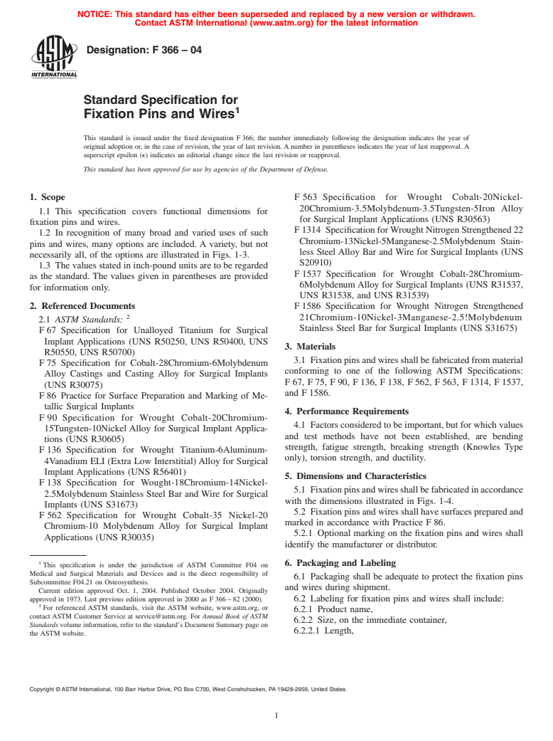 ASTM F366-04 - Standard Specification for Fixation Pins and Wires