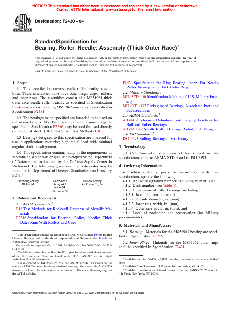 ASTM F2430-04 - Standard Specification for Bearing, Roller, Needle: Assembly (Thick Outer Race)