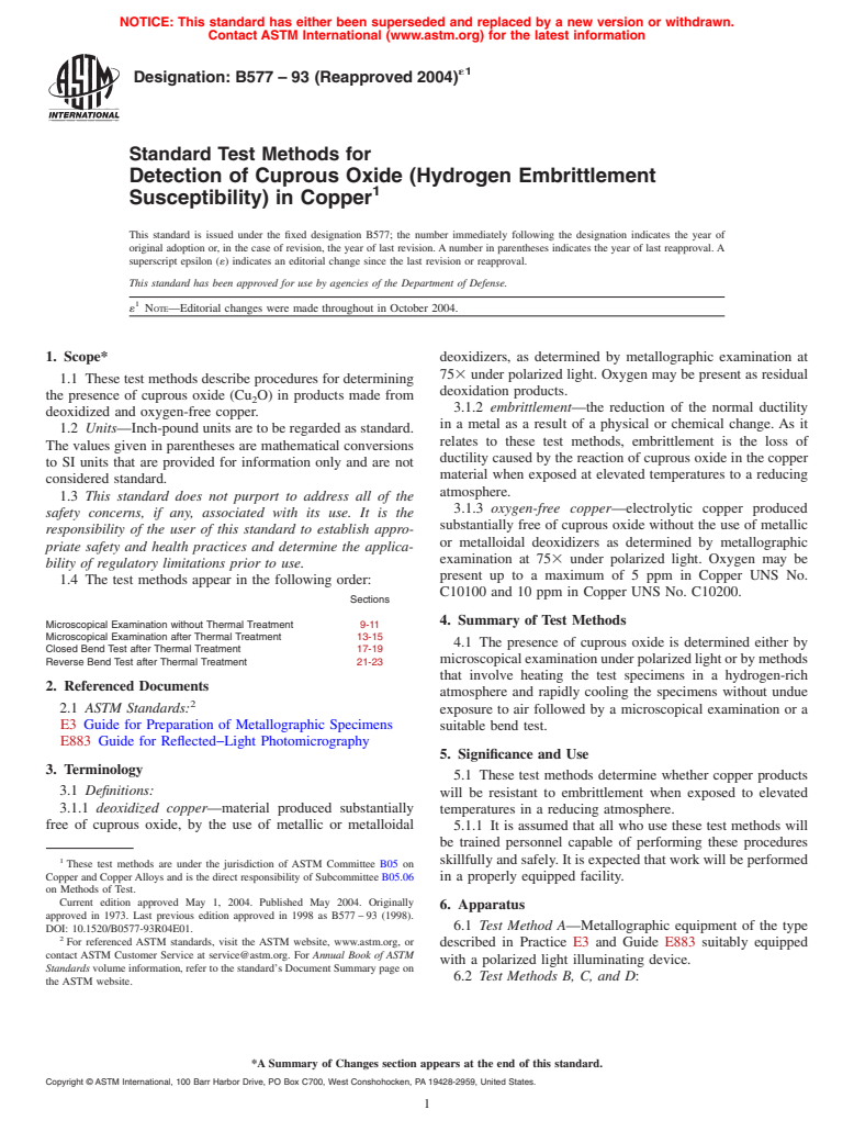 ASTM B577-93(2004)e1 - Standard Test Methods for Detection of Cuprous Oxide (Hydrogen Embrittlement Susceptibility) in Copper