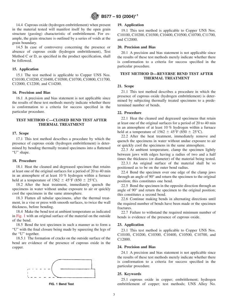 ASTM B577-93(2004)e1 - Standard Test Methods for Detection of Cuprous Oxide (Hydrogen Embrittlement Susceptibility) in Copper