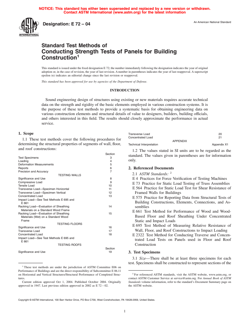 ASTM E72-04 - Standard Test Methods of Conducting Strength Tests of Panels for Building Construction