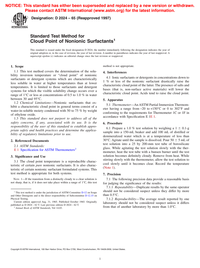 ASTM D2024-65(1997) - Standard Test Method for Cloud Point of Nonionic Surfactants