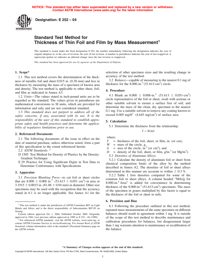 ASTM E252-04 - Standard Test Method for Thickness of Thin Foil and Film by Mass Measuerment