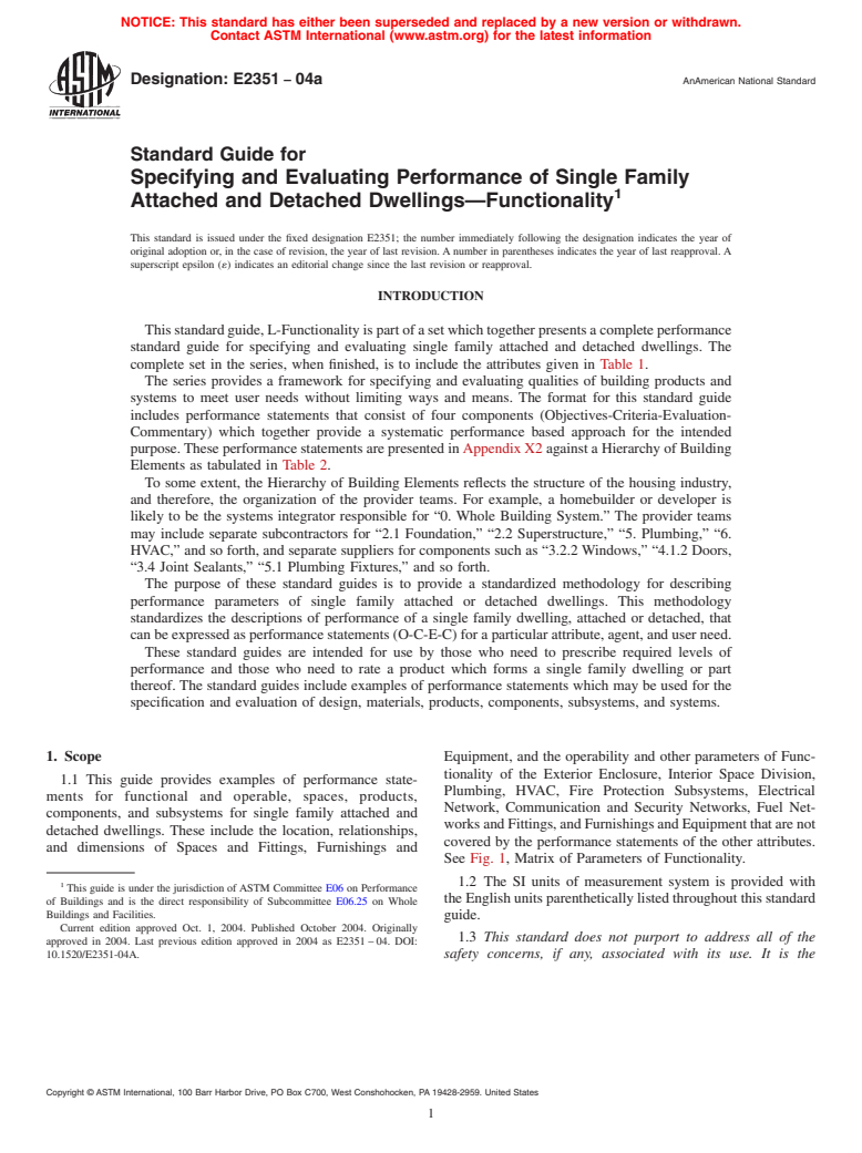 ASTM E2351-04a - Standard Guide for Specifying and Evaluating Performance of Single Family Attached and Detached Dwellings-Functionality