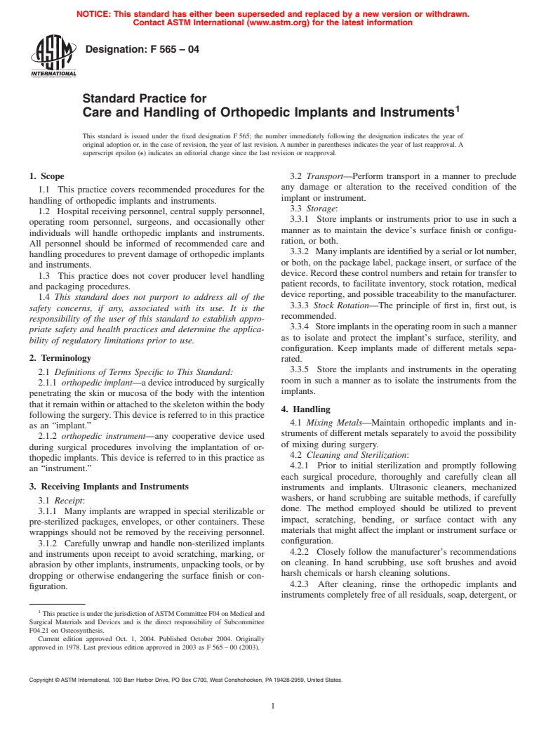 ASTM F565-04 - Standard Practice for Care and Handling of Orthopedic Implants and Instruments