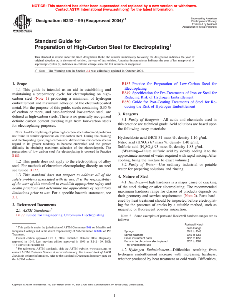 ASTM B242-99(2004)e1 - Standard Guide for Preparation of High-Carbon Steel for Electroplating