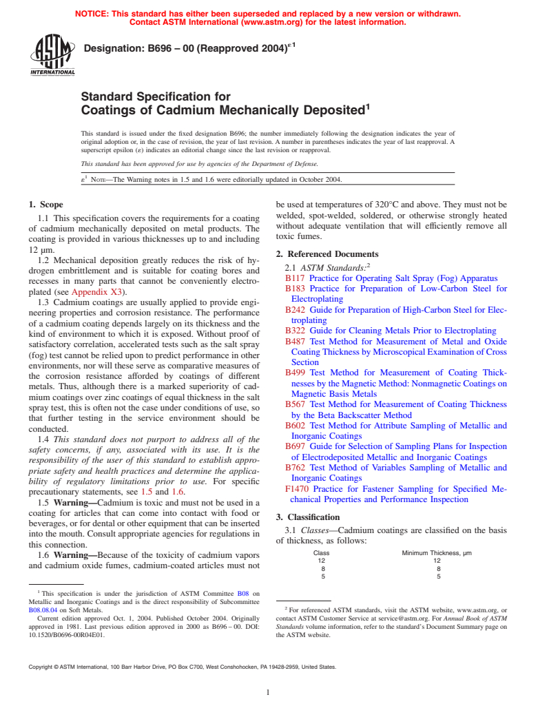 ASTM B696-00(2004)e1 - Standard Specification for Coatings of Cadmium Mechanically Deposited