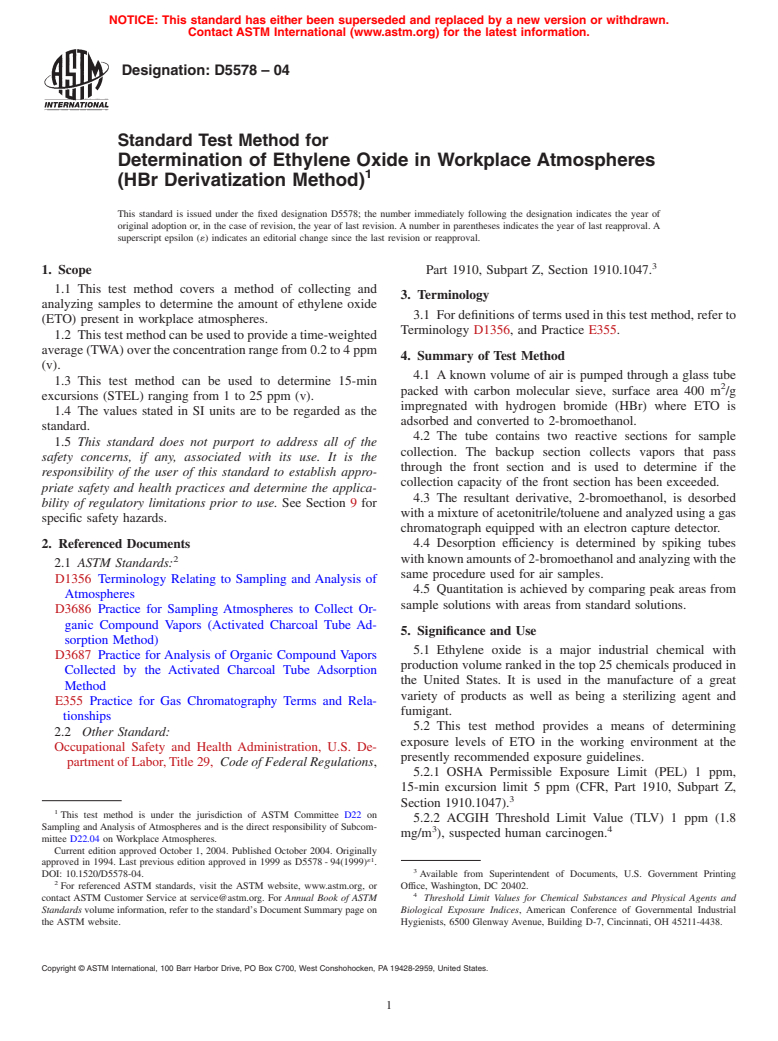 ASTM D5578-04 - Standard Test Method for Determination of Ethylene Oxide in Workplace Atmospheres (HBr Derivatization Method)