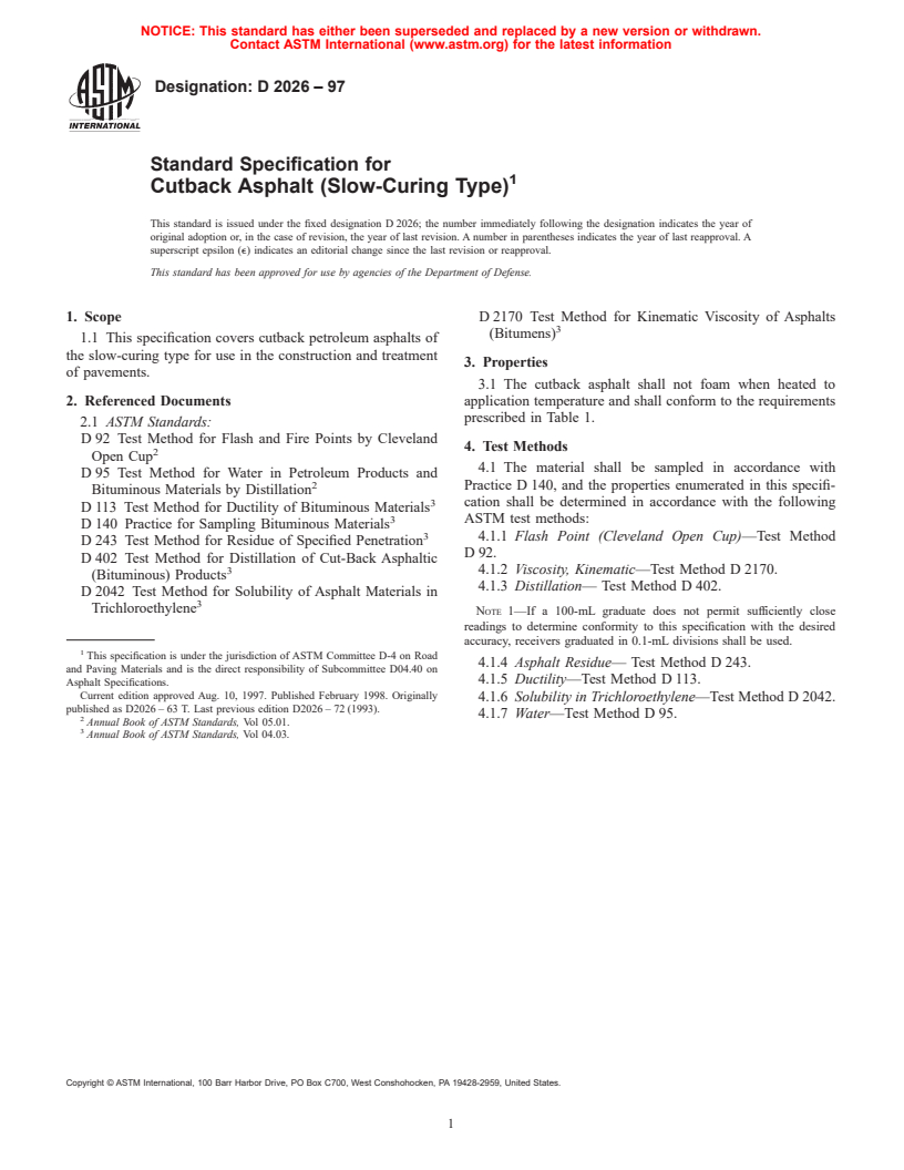 ASTM D2026-97 - Standard Specification for Cutback Asphalt (Slow-Curing Type)