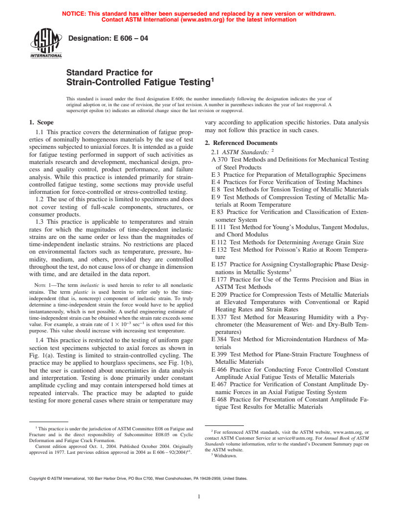 ASTM E606-04 - Standard Practice for Strain-Controlled Fatigue Testing