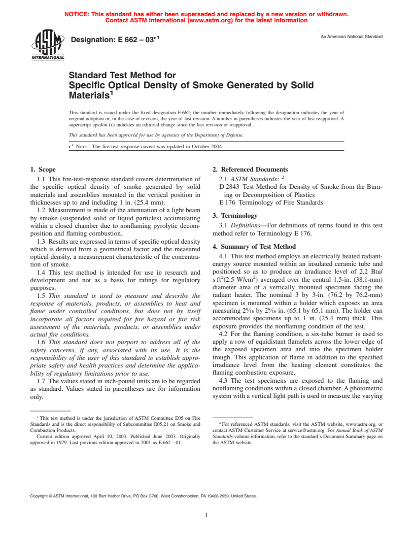 ASTM E662-03e1 - Standard Test Method for Specific Optical Density of Smoke Generated by Solid Materials