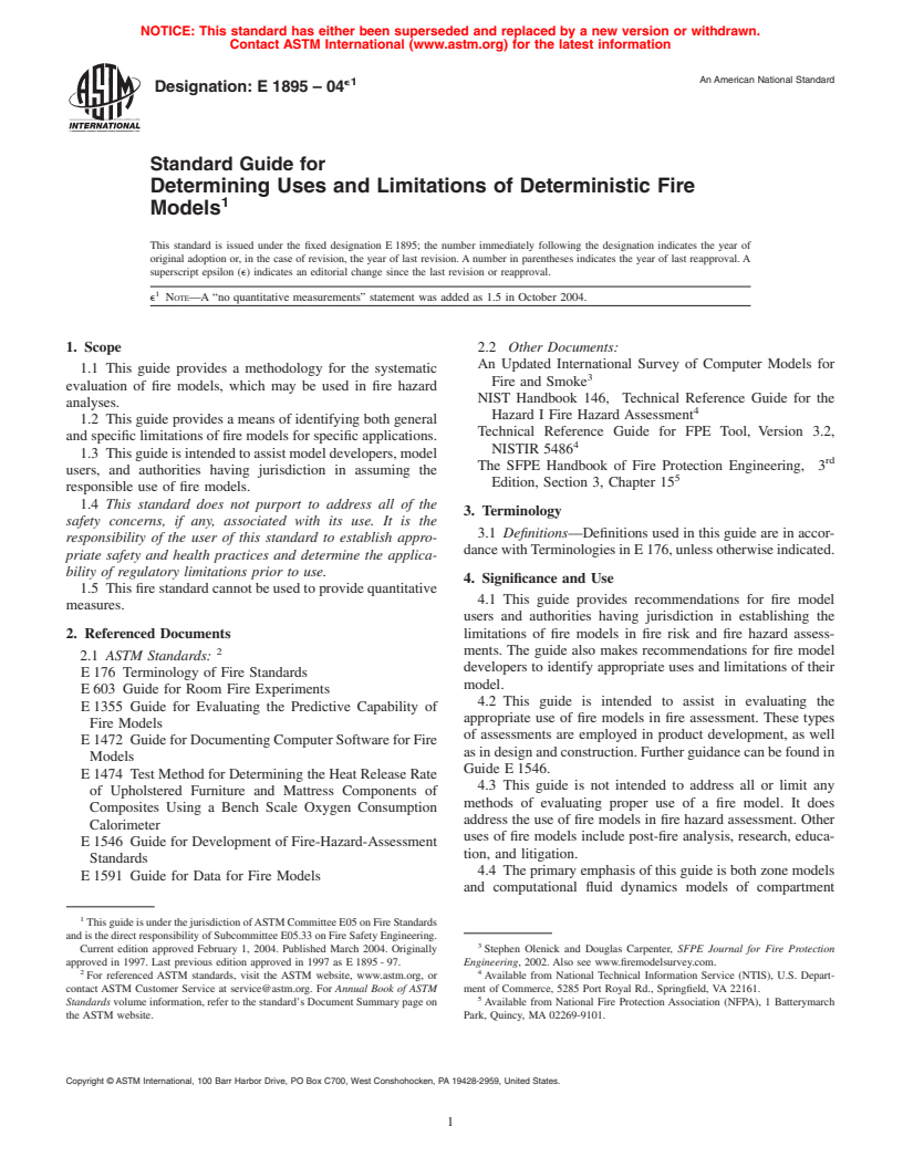 ASTM E1895-04e1 - Standard Guide for Determining Uses and Limitations of Deterministic Fire Models