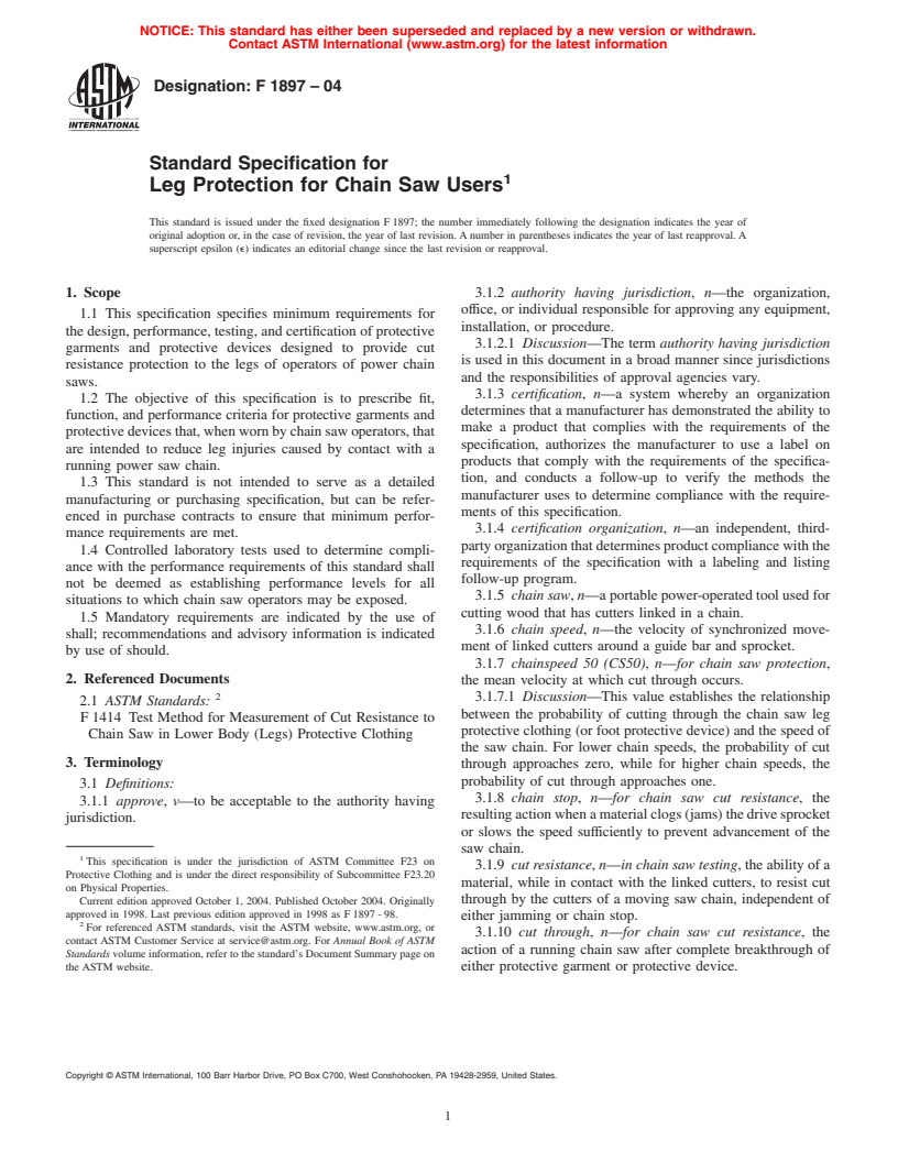 ASTM F1897-04 - Standard Specification for Leg Protection for Chain Saw Users