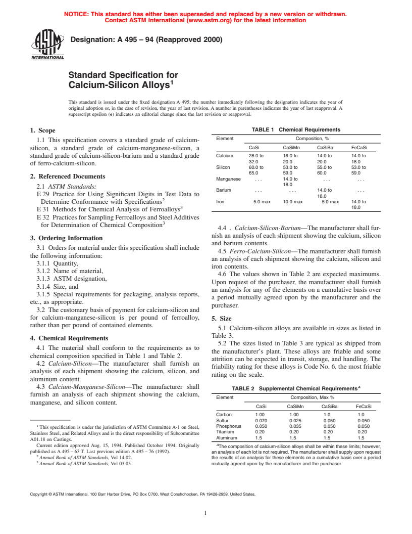 ASTM A495-94(2000) - Standard Specification for Calcium-Silicon Alloys