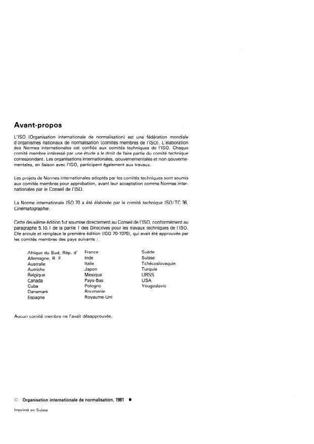 ISO 70:1981 ISO 70:1981 - Cinématographie -- Enregistrement sonore optique négatif sur film cinématographique 35 mm -- Emplacement et dimensions maximales en largeur - Page 2 preview