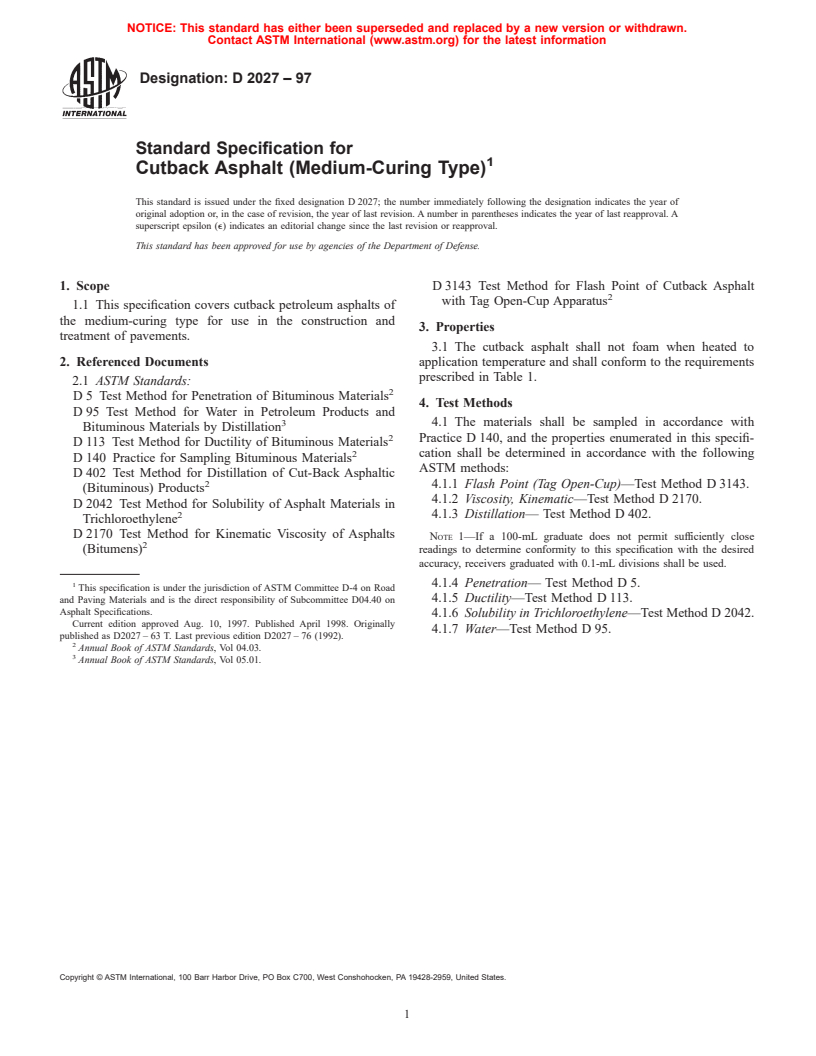 ASTM D2027-97 - Standard Specification for Cutback Asphalt (Medium-Curing Type)