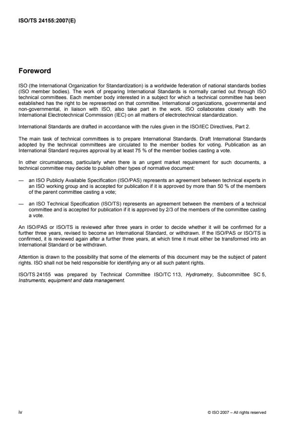 ISO/TS 24155:2007 ISO/TS 24155:2007 - Hydrometry -- Hydrometric data transmission systems -- Specification of system requirements - Page 4 preview