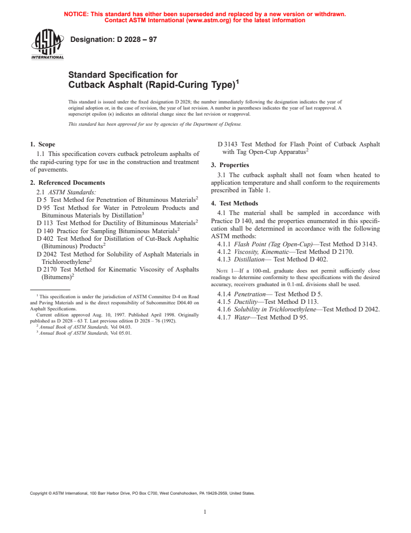 ASTM D2028-97 - Standard Specification for Cutback Asphalt (Rapid-Curing Type)