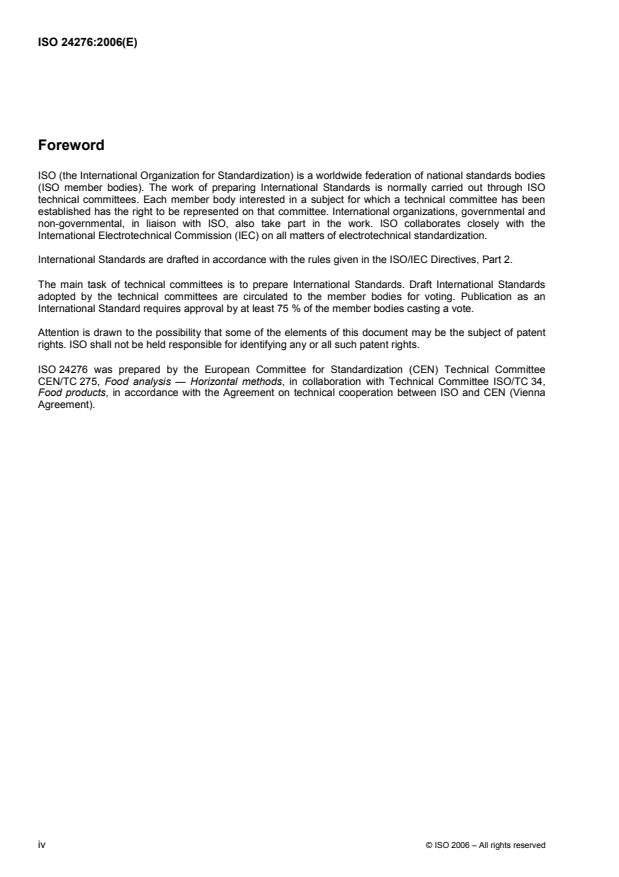 ISO 24276:2006 ISO 24276:2006 - Foodstuffs -- Methods of analysis for the detection of genetically modified organisms and derived products -- General requirements and definitions - Page 4 preview