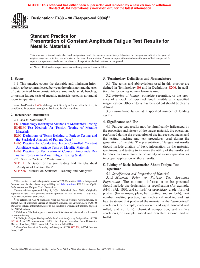 ASTM E468-90(2004)e1 - Standard Practice for Presentation of Constant Amplitude Fatigue Test Results for Metallic Materials