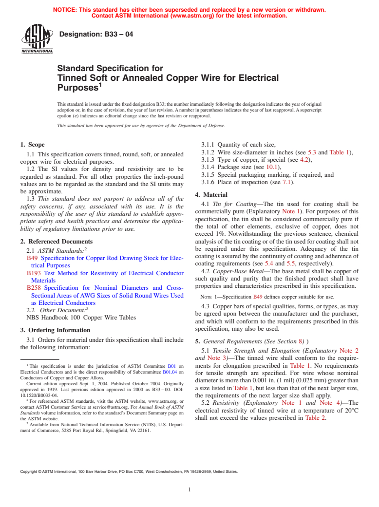 ASTM B33-04 - Standard Specification for Tinned Soft or Annealed Copper Wire for Electrical Purposes