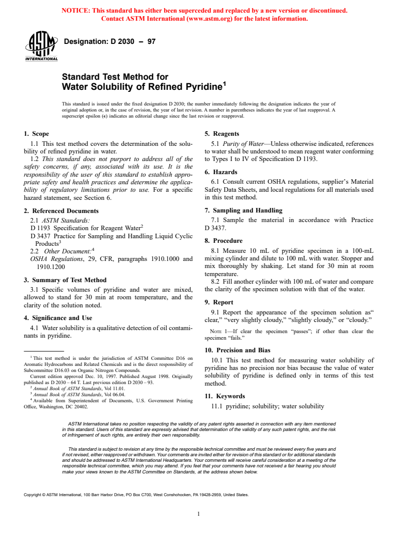 ASTM D2030-97 - Standard Test Method for Water Solubility of Refined Pyridine (Withdrawn 2003)