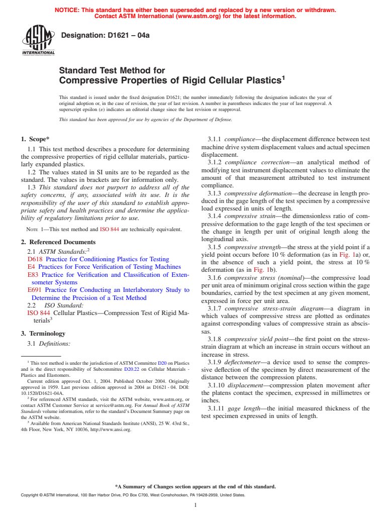 ASTM D1621-04a - Standard Test Method for Compressive Properties Of Rigid Cellular Plastics