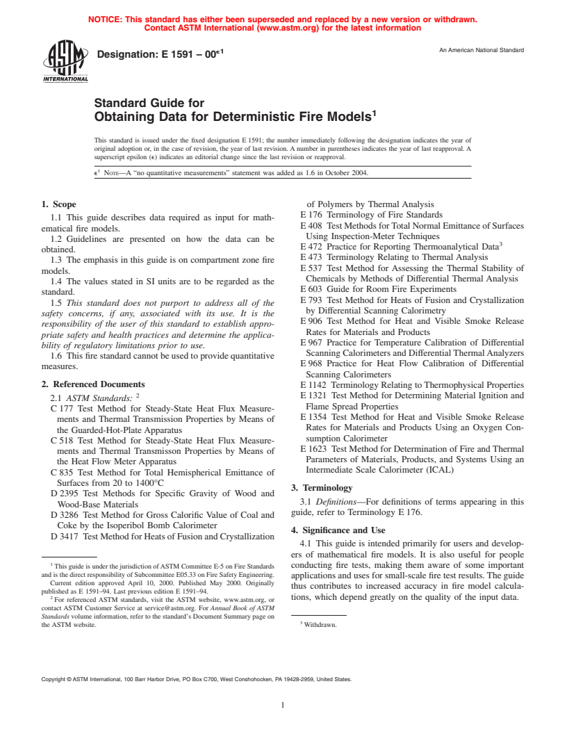 ASTM E1591-00e1 - Standard Guide for Obtaining Data for Deterministic Fire Models