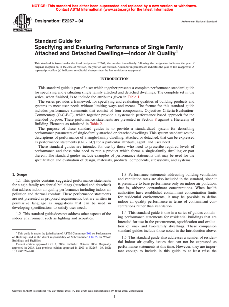 ASTM E2267-04 - Standard Guide for Specifying and Evaluating Performance of Single Family Attached and Detached Dwellings-Indoor Air Quality