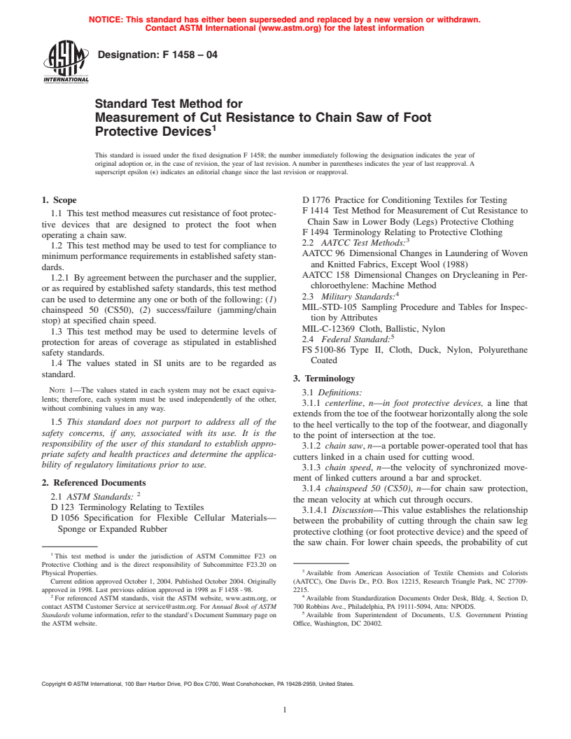 ASTM F1458-04 - Standard Test Method for Measurement of Cut Resistance to Chain Saw of Foot Protective Devices