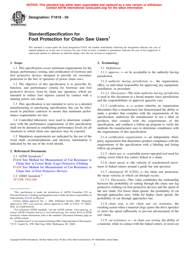 ASTM F1818-04 - Standard Specification for Foot Protection for Chain Saw Users