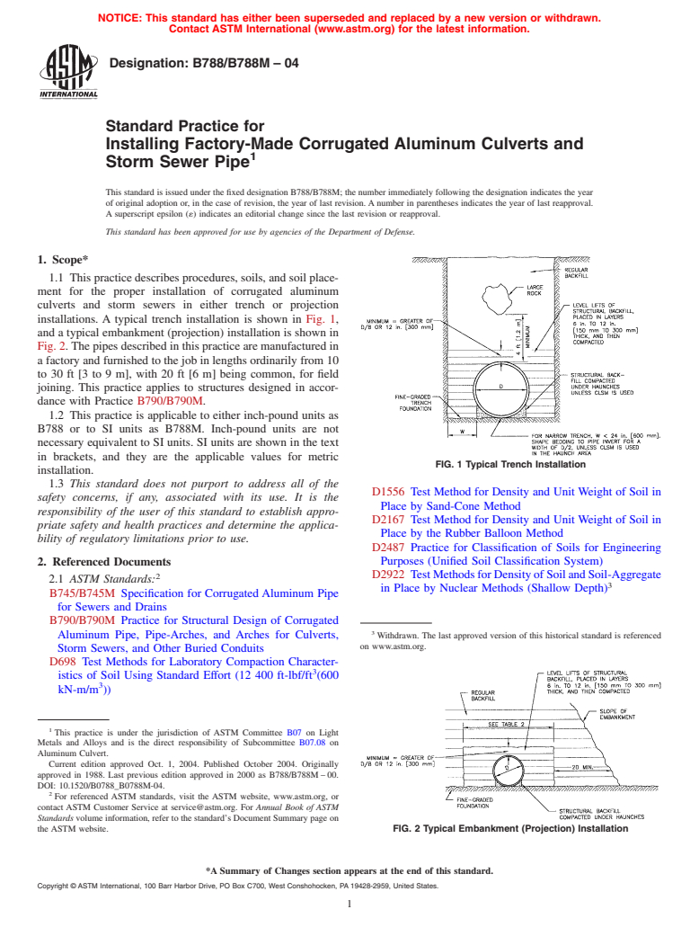 ASTM B788/B788M-04 - Standard Practice for Installing Factory-Made Corrugated Aluminum Culverts and Storm Sewer Pipe