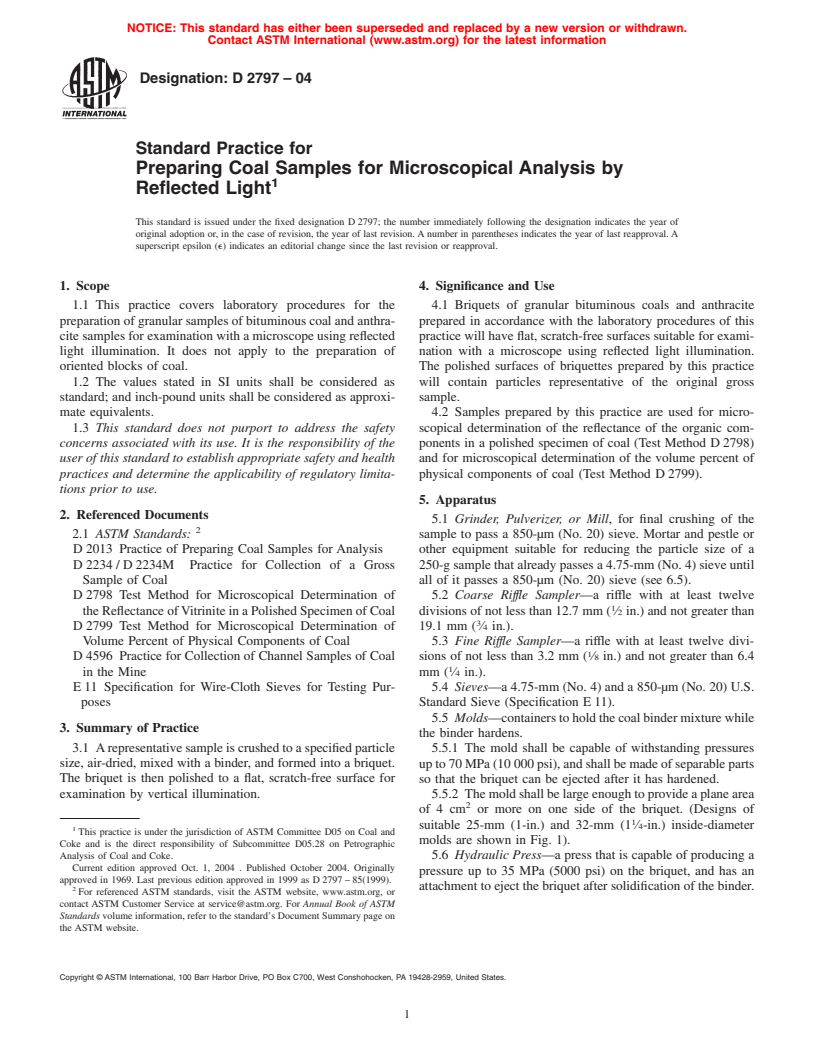 ASTM D2797-04 - Standard Practice for Preparing Coal Samples for Microscopical Analysis by Reflected Light