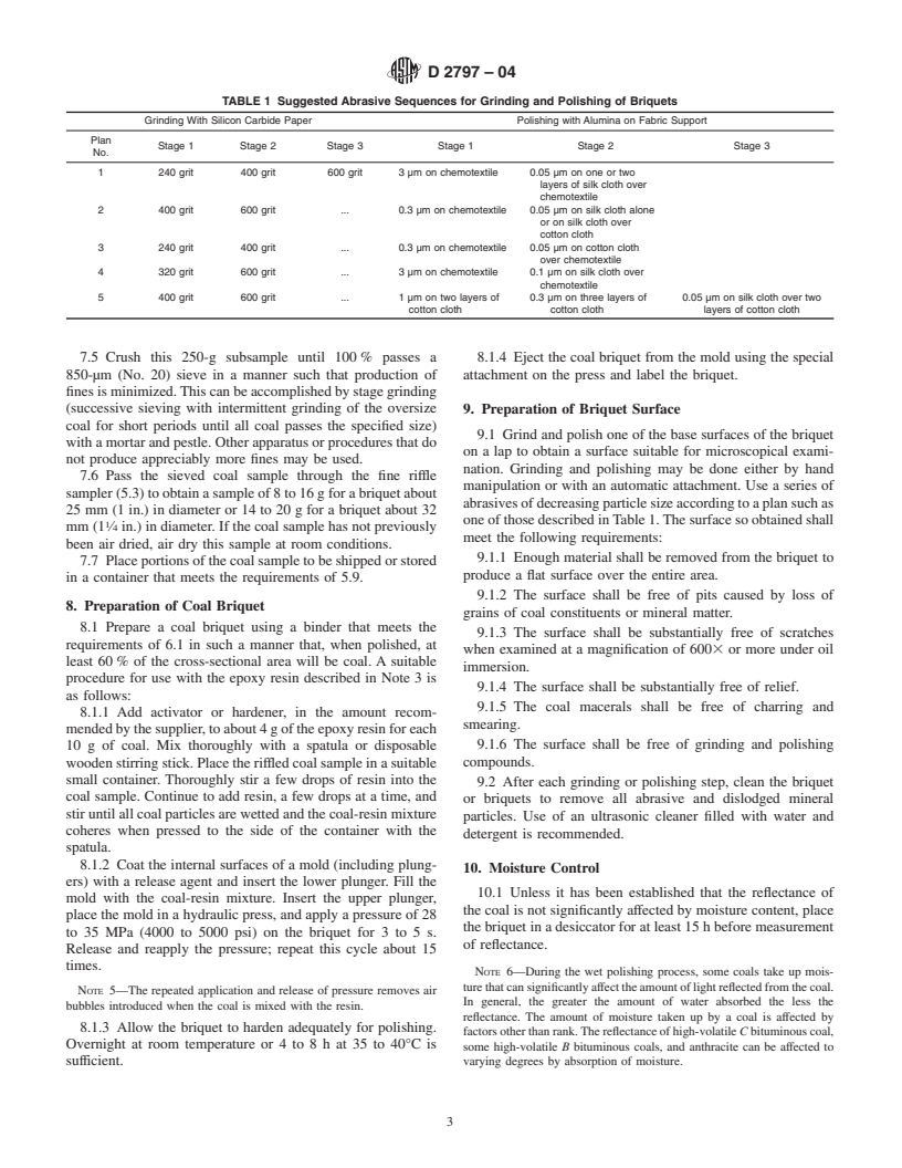 ASTM D2797-04 - Standard Practice for Preparing Coal Samples for Microscopical Analysis by Reflected Light