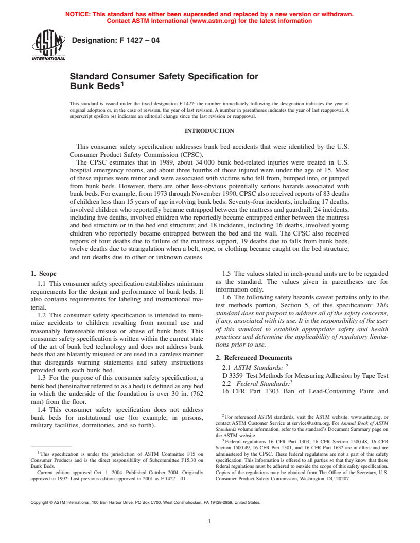 ASTM F1427-04 - Standard Consumer Safety Specification for Bunk Beds