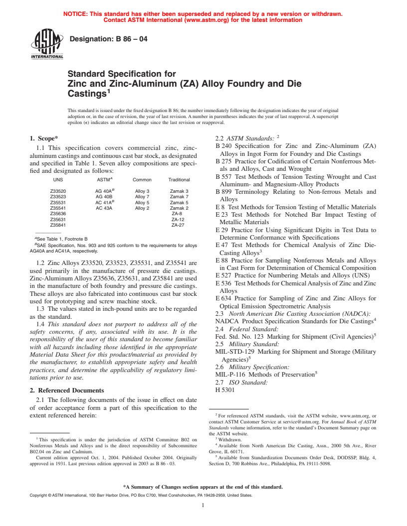 ASTM B86-04 - Standard Specification for Zinc and Zinc-Aluminum (ZA) Alloy Foundry and Die Castings