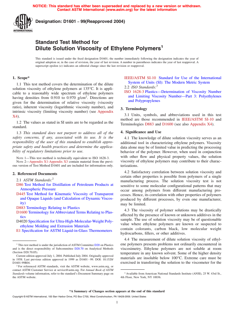 ASTM D1601-99(2004) - Standard Test Method for Dilute Solution Viscosity of Ethylene Polymers