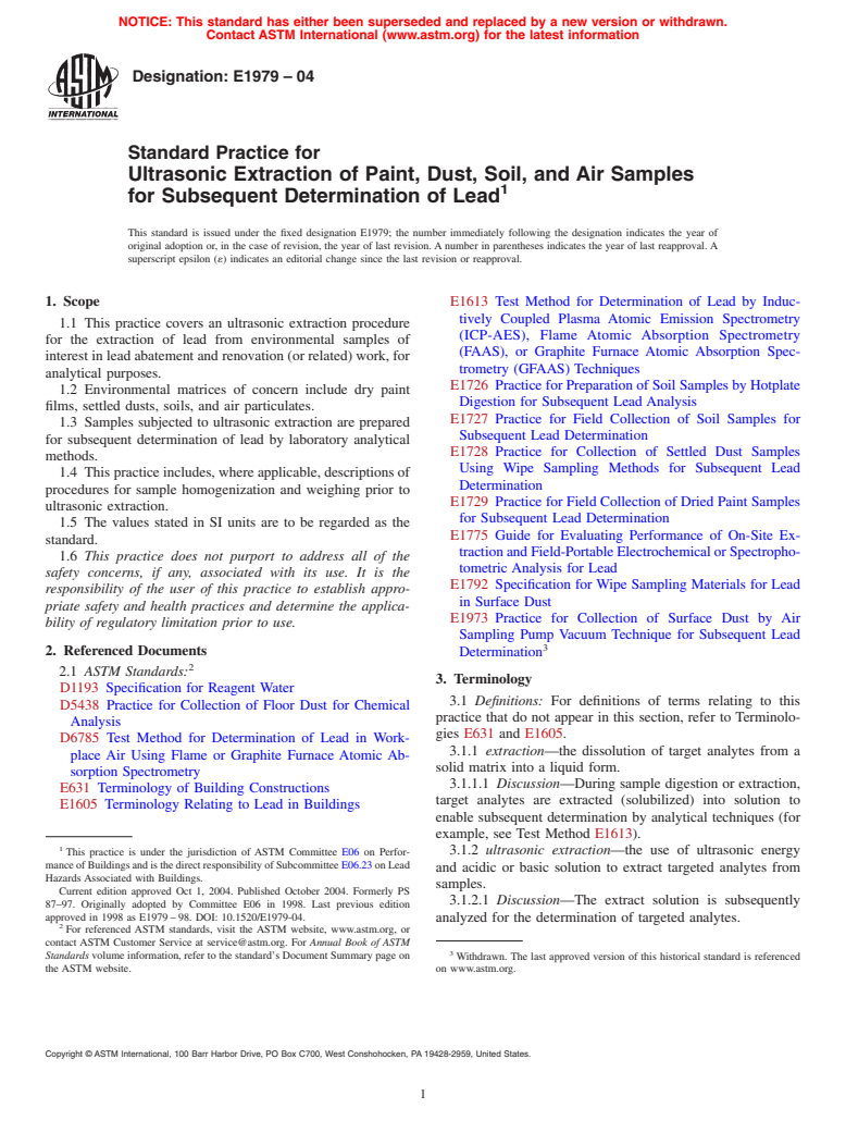 ASTM E1979-04 - Standard Practice for Ultrasonic Extraction of Paint, Dust, Soil, and Air Samples for Subsequent Determination of Lead