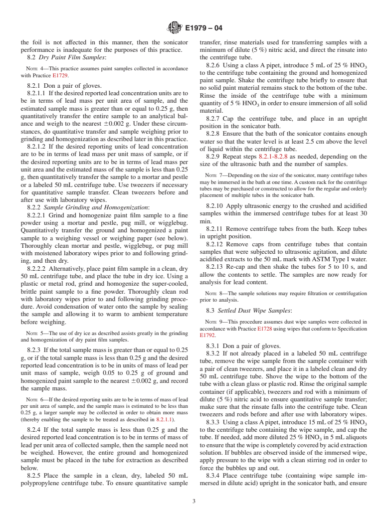 ASTM E1979-04 - Standard Practice for Ultrasonic Extraction of Paint, Dust, Soil, and Air Samples for Subsequent Determination of Lead