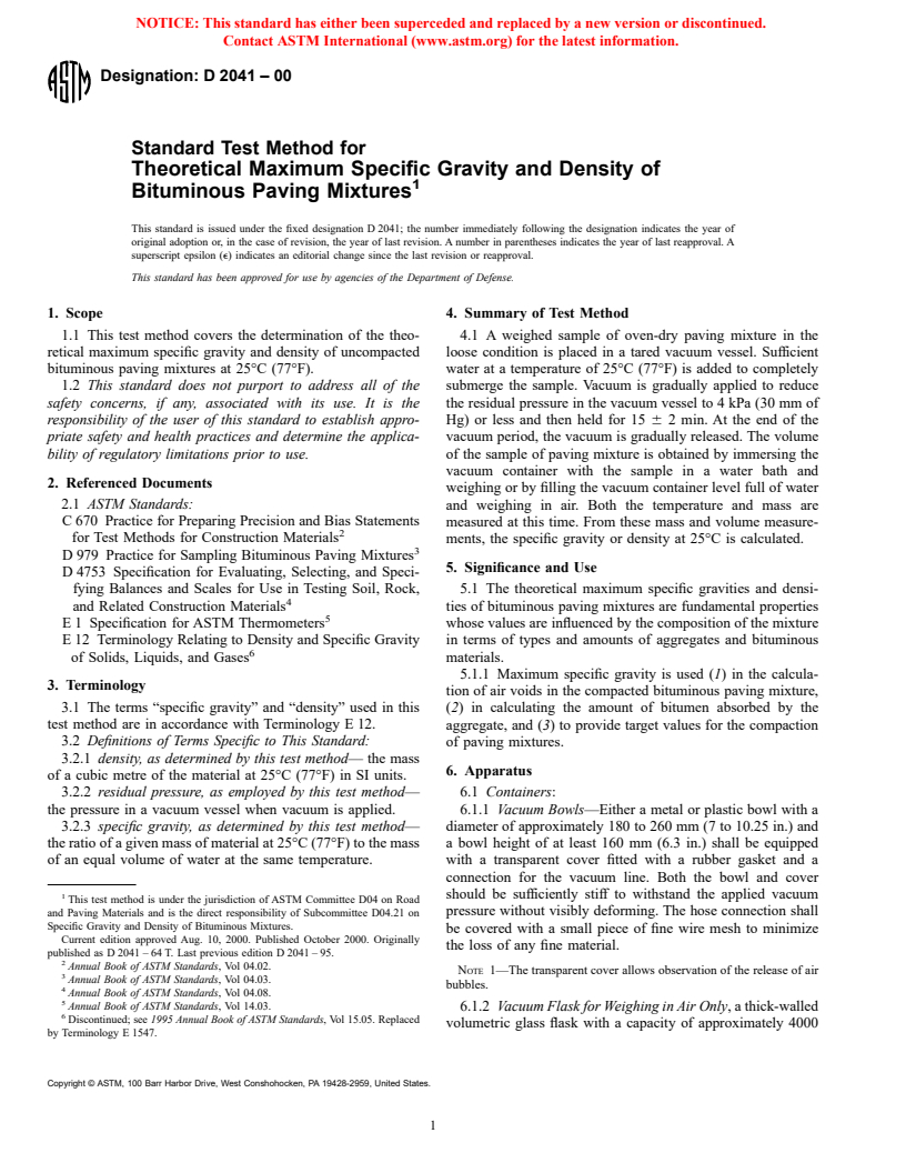 ASTM D2041-00 - Standard Test Method for Theoretical Maximum Specific Gravity and Density of Bituminous Paving Mixtures