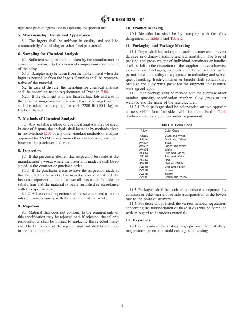 ASTM B93/B93M-04 - Standard Specification for Magnesium Alloys in Ingot Form for Sand Castings, Permanent Mold Castings, and Die Castings