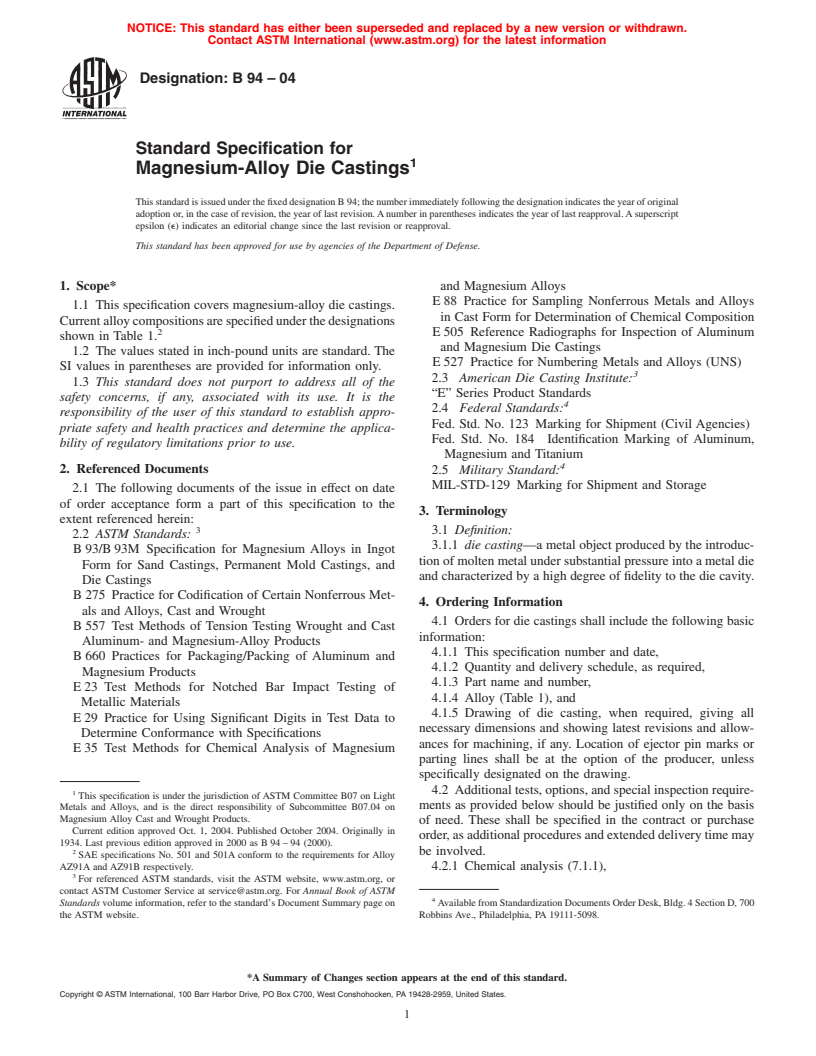 ASTM B94-04 - Standard Specification for Magnesium-Alloy Die Castings